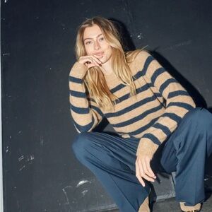 Mos Mosh Thora Stripe Crewneck Knit Camel Black Stripe Alpaca Wool Blend Small